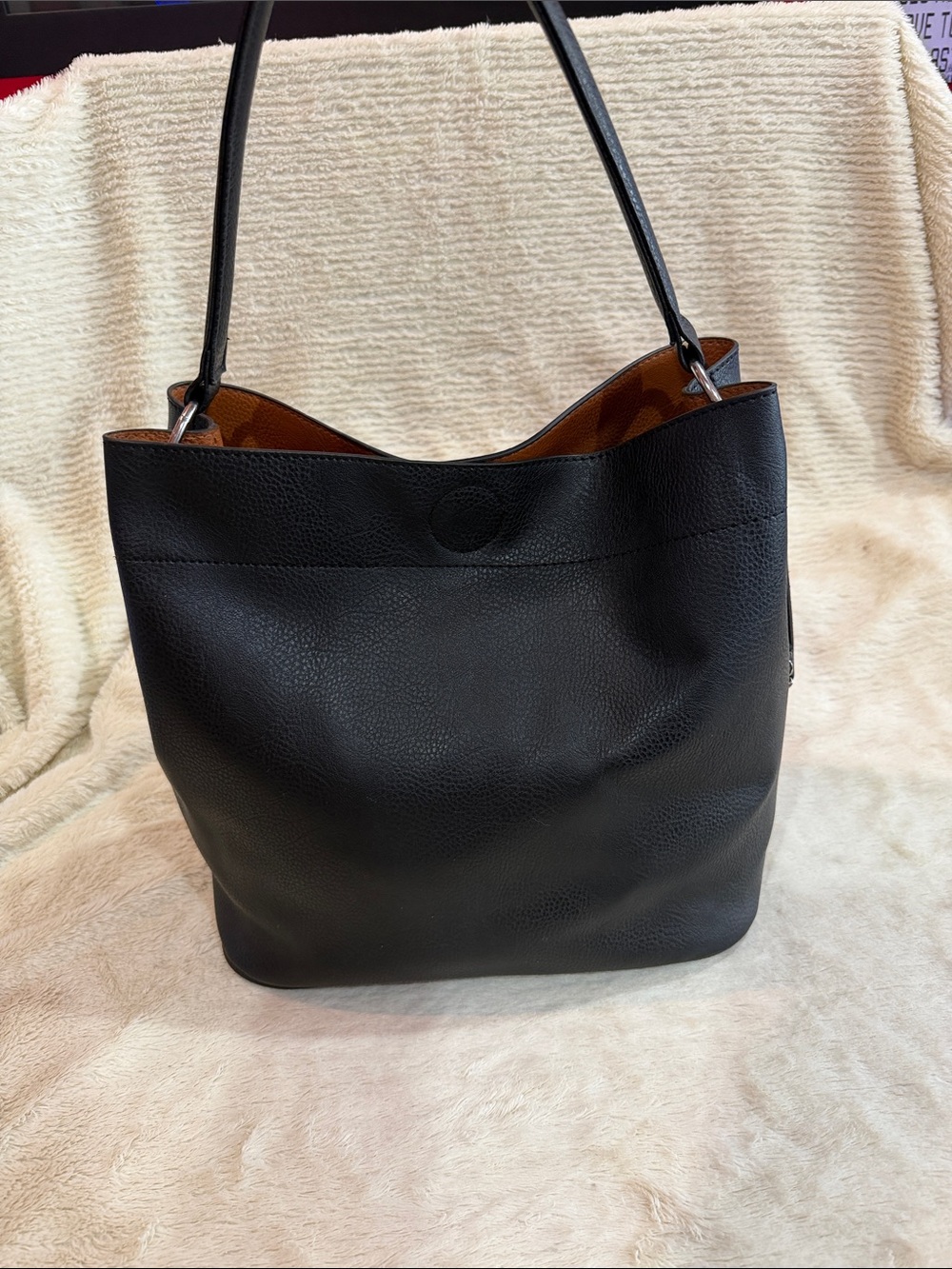 Carlos Santana Black Shoulder Tote with Brown Interior